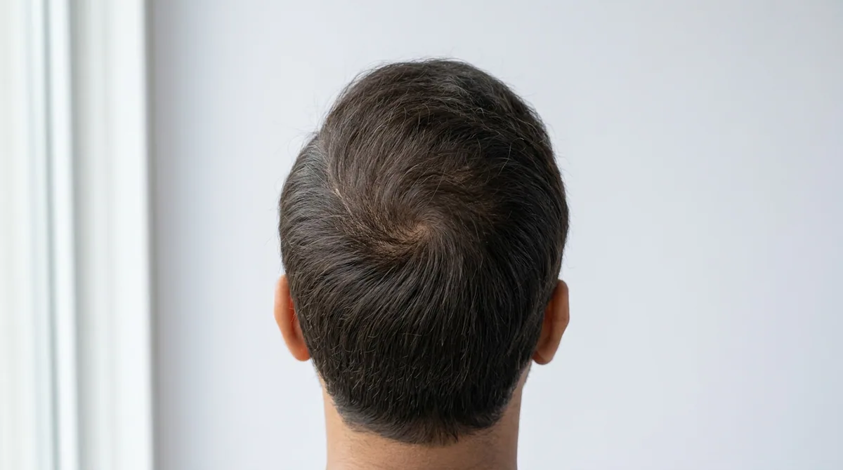 The same crown covered by a natural hair system, hair direction following the whorl