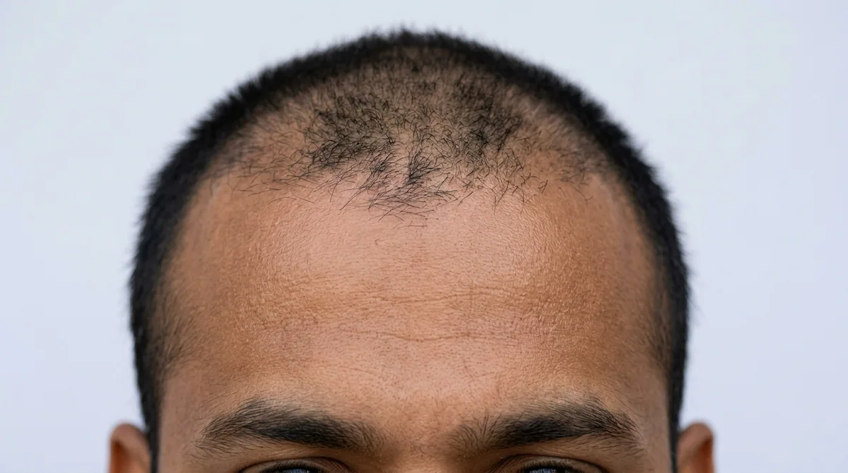 Deep bilateral temple recession and a sparse front hairline