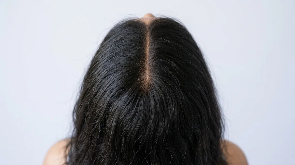 A widened centre parting with visible scalp