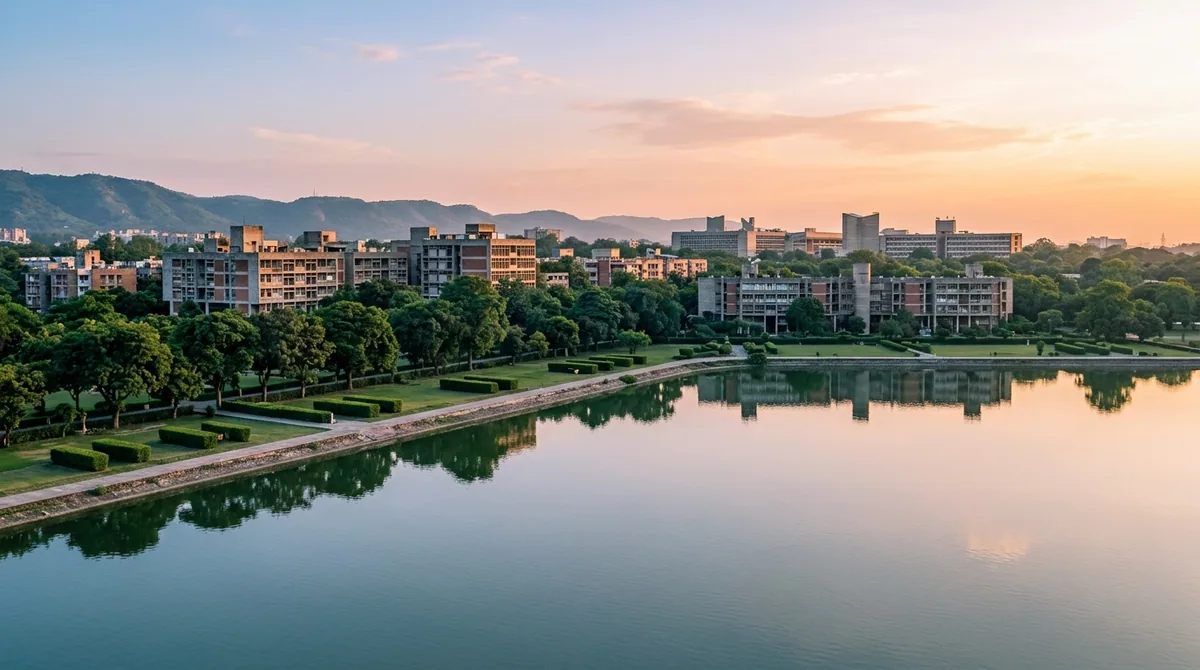 A calm lake reflecting planned sector architecture in Chandigarh at golden hour