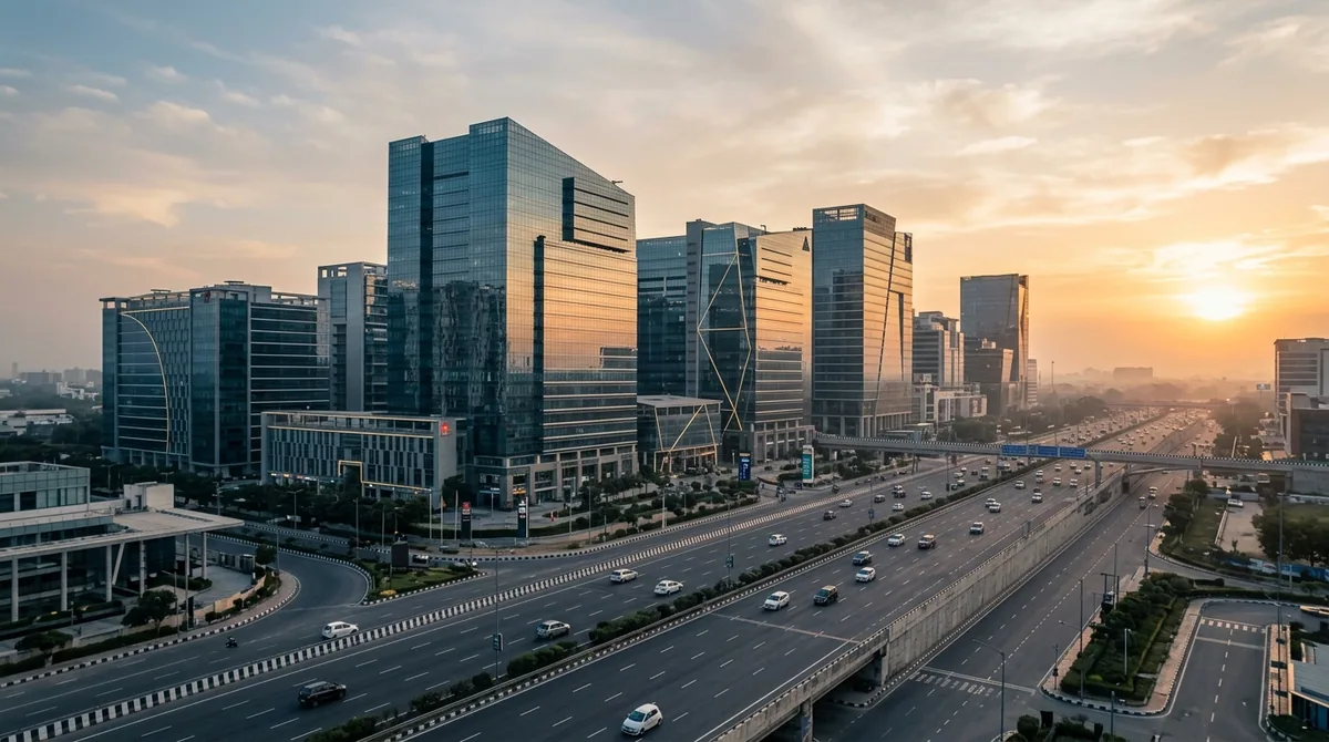 Modern glass corporate towers along a Gurugram highway at golden hour