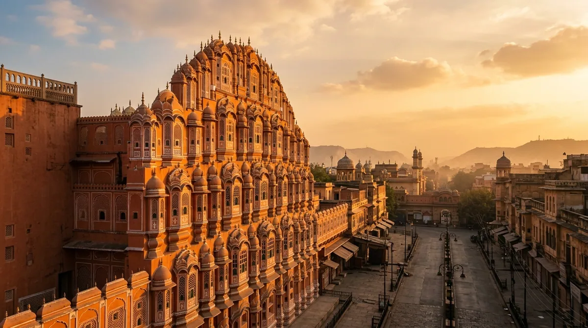 The pink-sandstone Hawa Mahal facade in Jaipur at golden hour