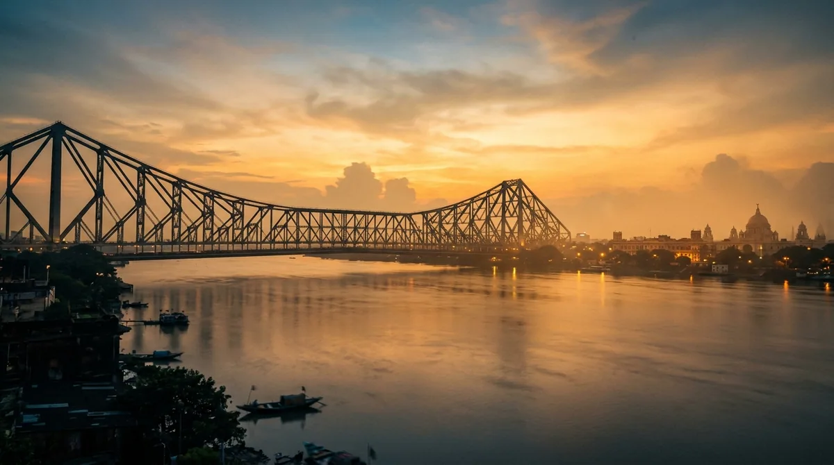 A cantilever bridge spanning the river in Kolkata at golden hour
