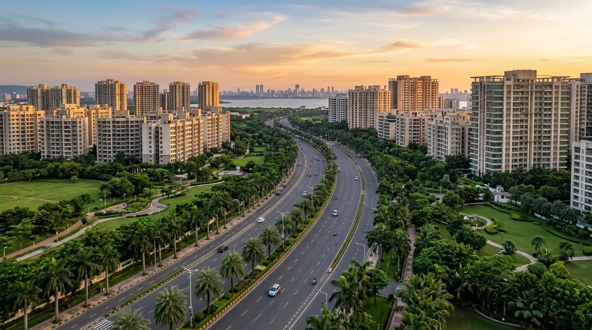 Palm-lined avenues and planned residential towers in Navi Mumbai at golden hour
