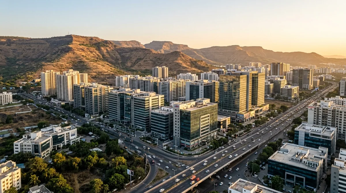 The Baner-Hinjewadi office corridor against the Deccan hills at golden hour
