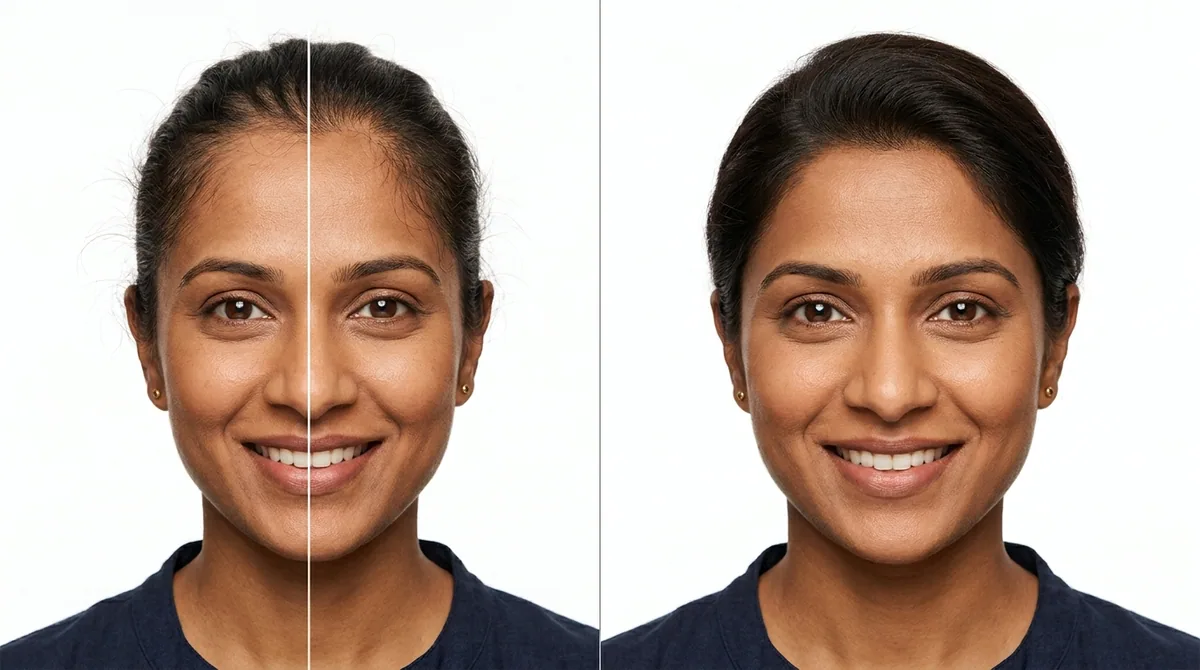 The same woman shown with post-partum temple thinning on one side, full density on the other