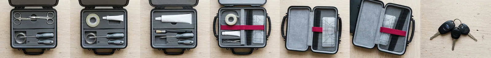 An open technician's kit case beside a set of car keys