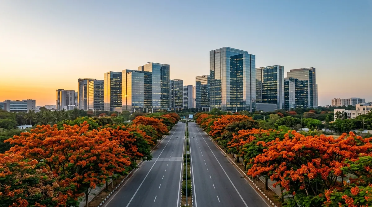 Glass IT-park towers behind flowering gulmohar trees in Bengaluru at golden hour