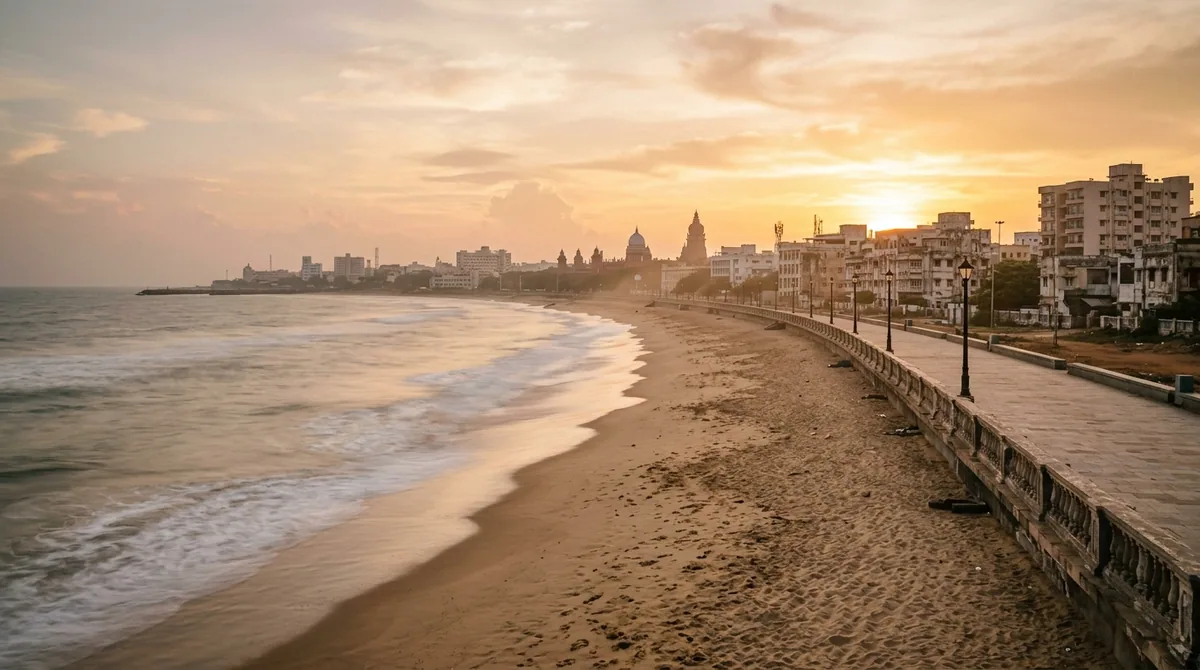 Marina Beach and the Chennai skyline at golden hour