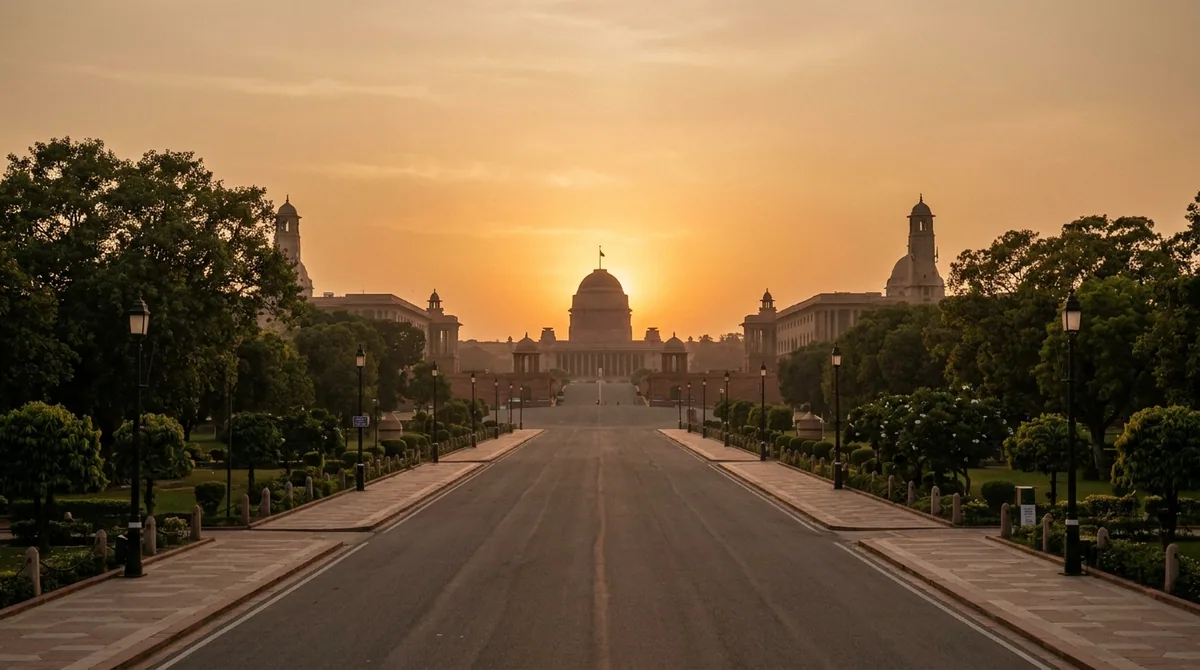 A tree-lined Lutyens-era avenue in Delhi NCR at golden hour