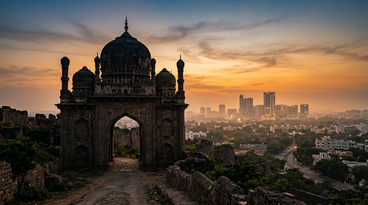 A granite fort gateway with HITEC City towers hazy in the distance, Hyderabad