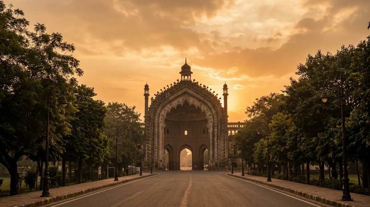 A grand Nawabi-era gateway silhouette in Lucknow at golden hour