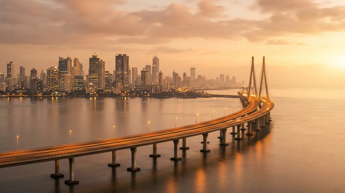 The Bandra-Worli Sea Link and Mumbai skyline at golden hour