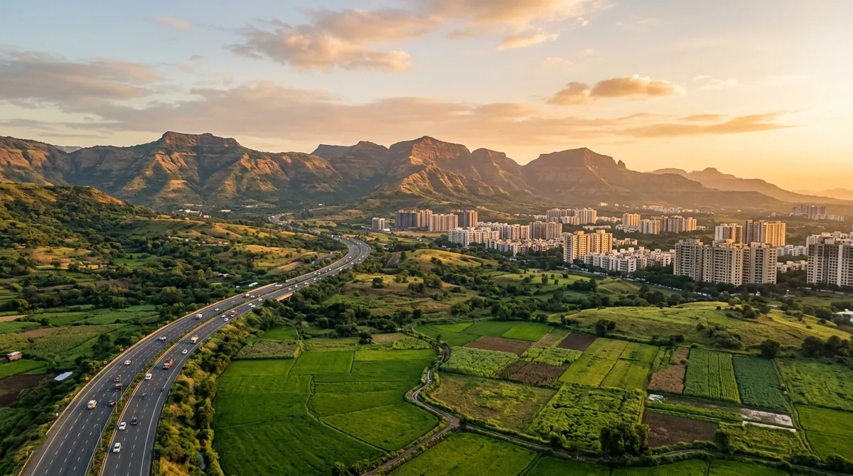 The highway toward the Sahyadri hills near Panvel at golden hour