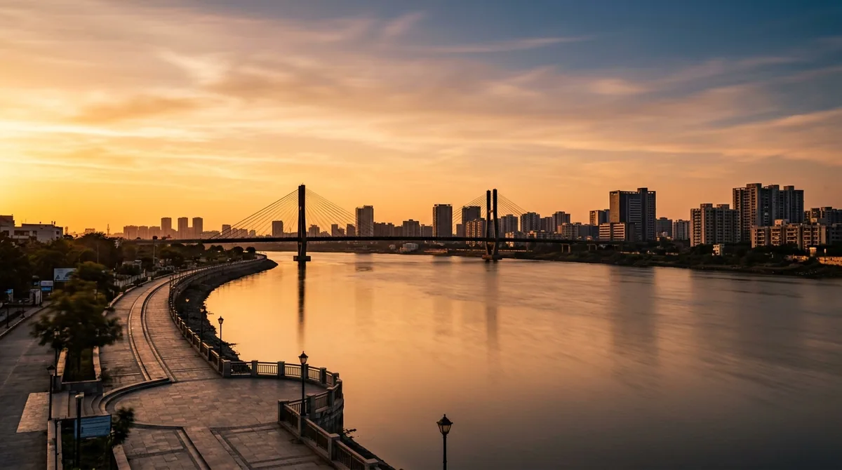 The Tapi riverfront promenade and diamond-district skyline in Surat at golden hour