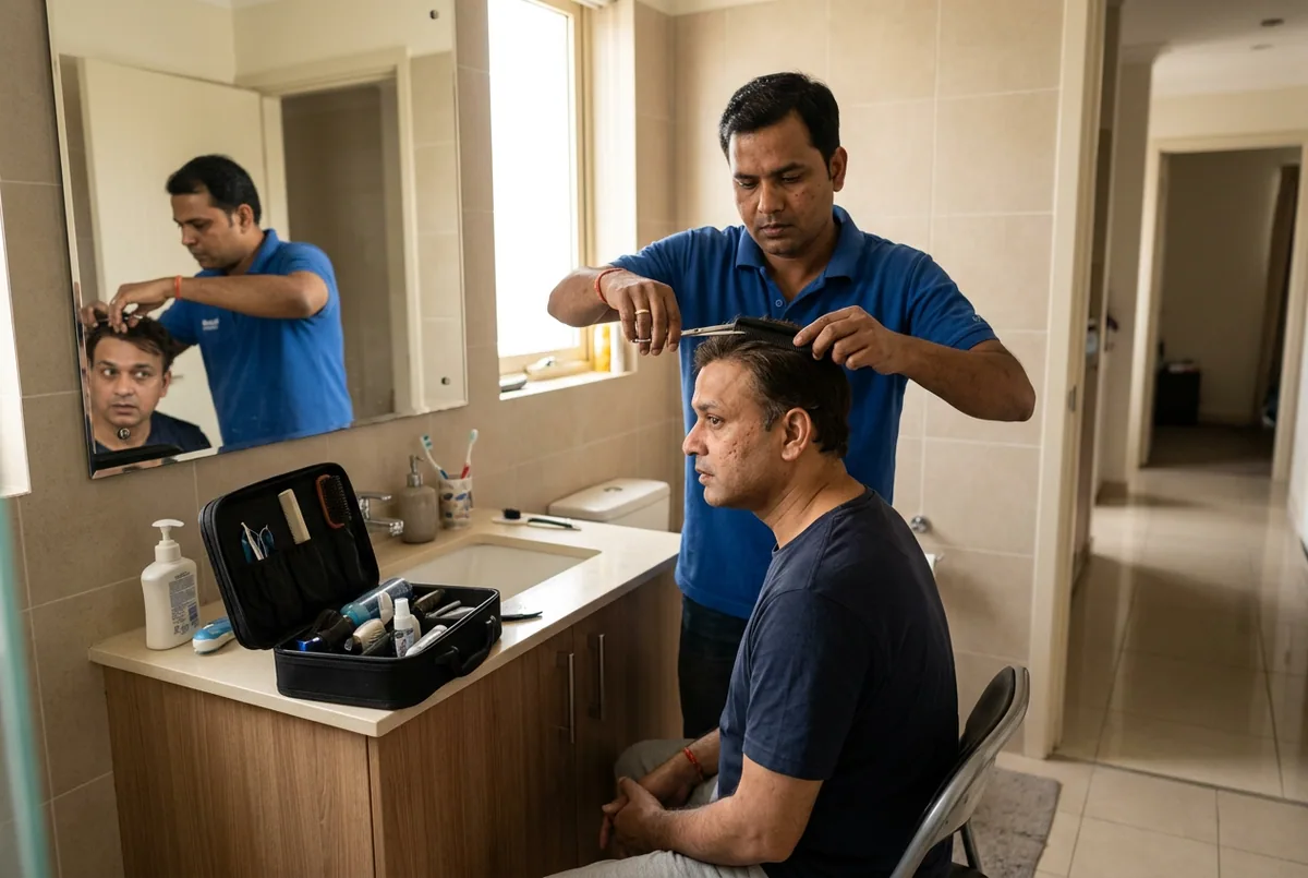 A hair system being fitted at a client's home
