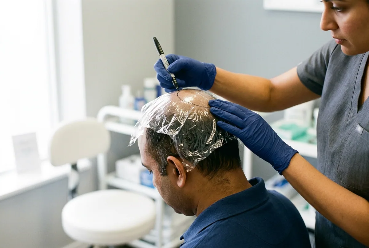 A cling-film scalp template being marked up