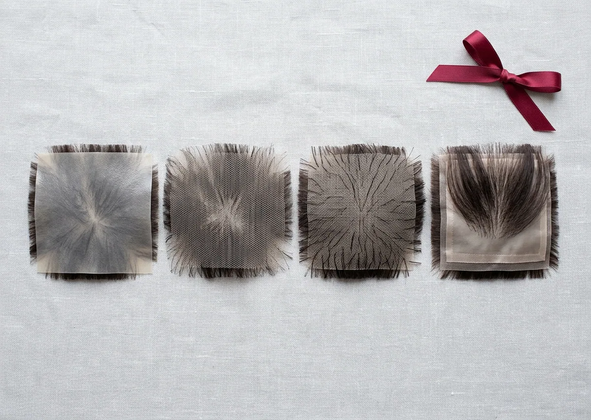 Skin, lace, monofilament and silk base samples side by side
