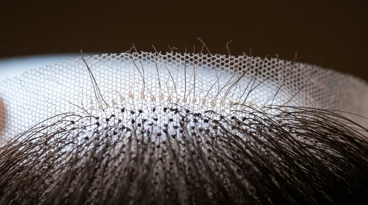 Backlit macro of bleached knots at the front hairline, nearly invisible against the lace