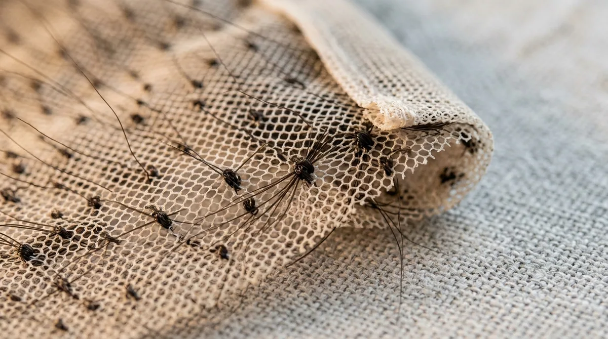 Macro of French lace base material, folded to show the weave