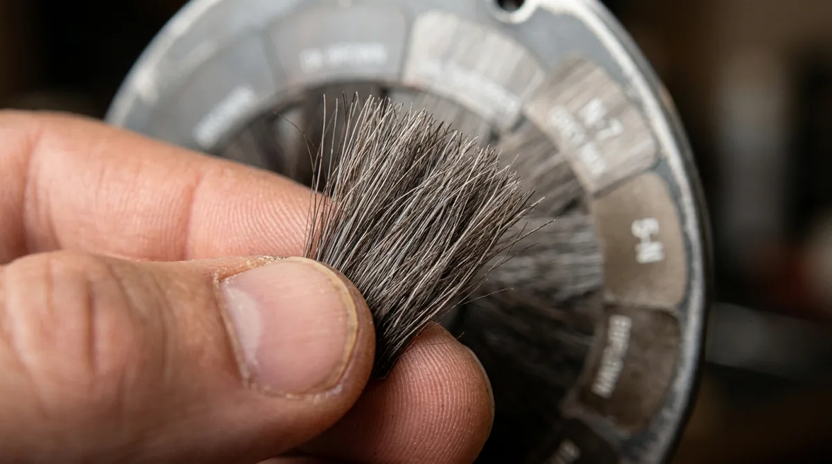 Macro of grey strands distributed through a bundle of matched dark hair