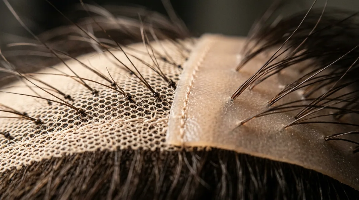 Macro of the seam where a hybrid base's lace front meets its polyurethane perimeter