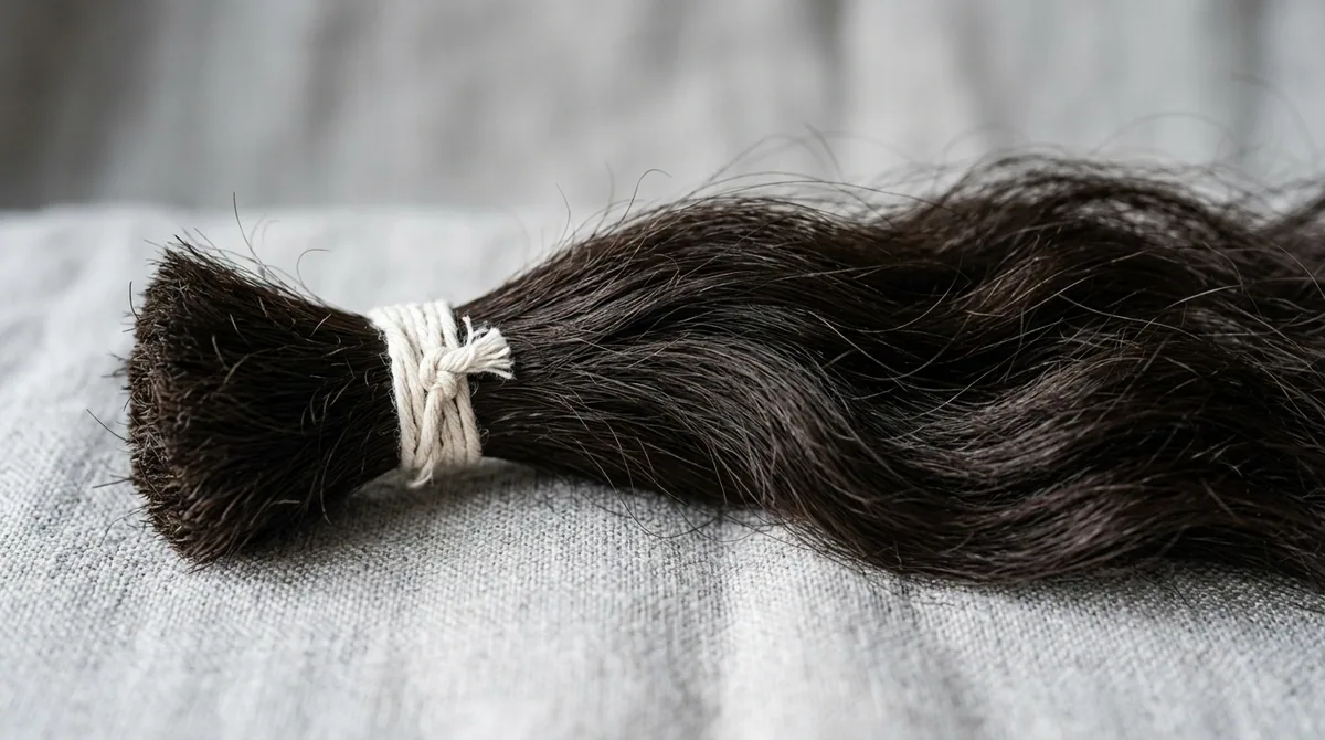 Macro of a tied bundle of Indian human hair with natural body and wave