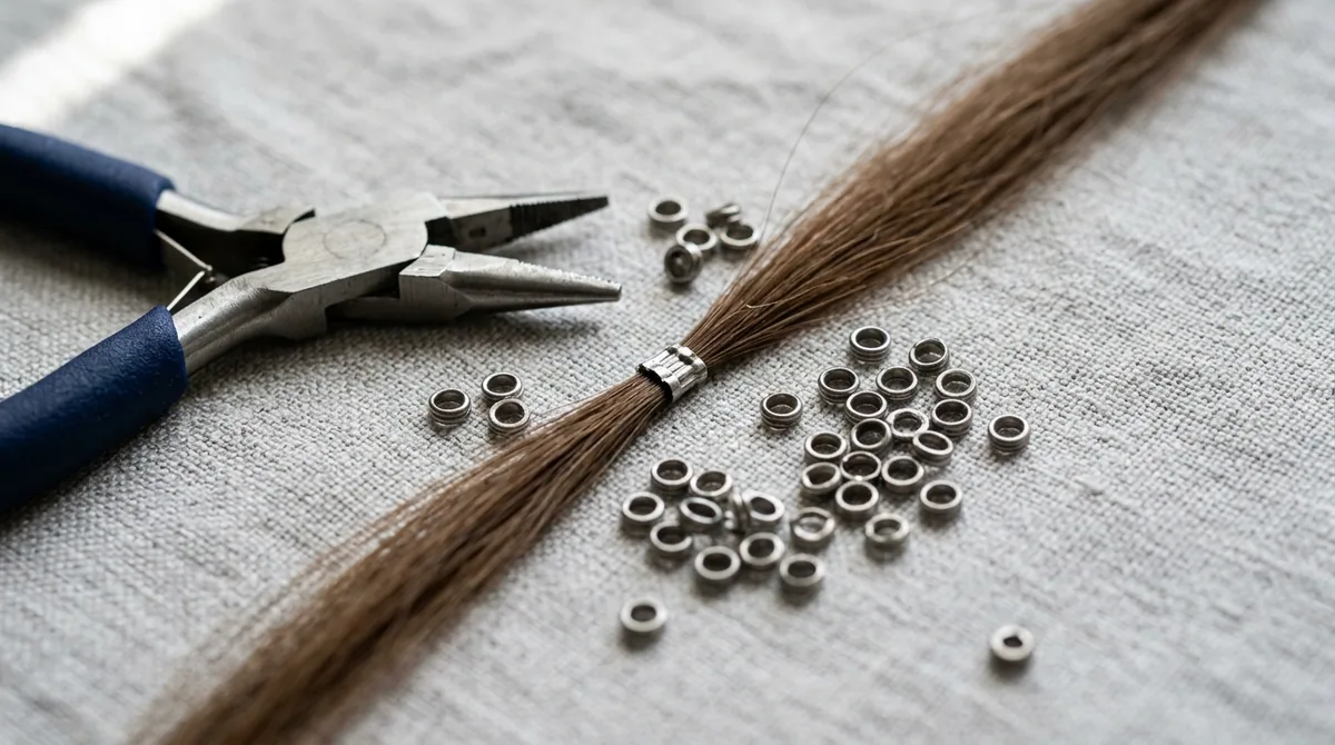 Macro of micro-rings, ring pliers and a crimped hair strand
