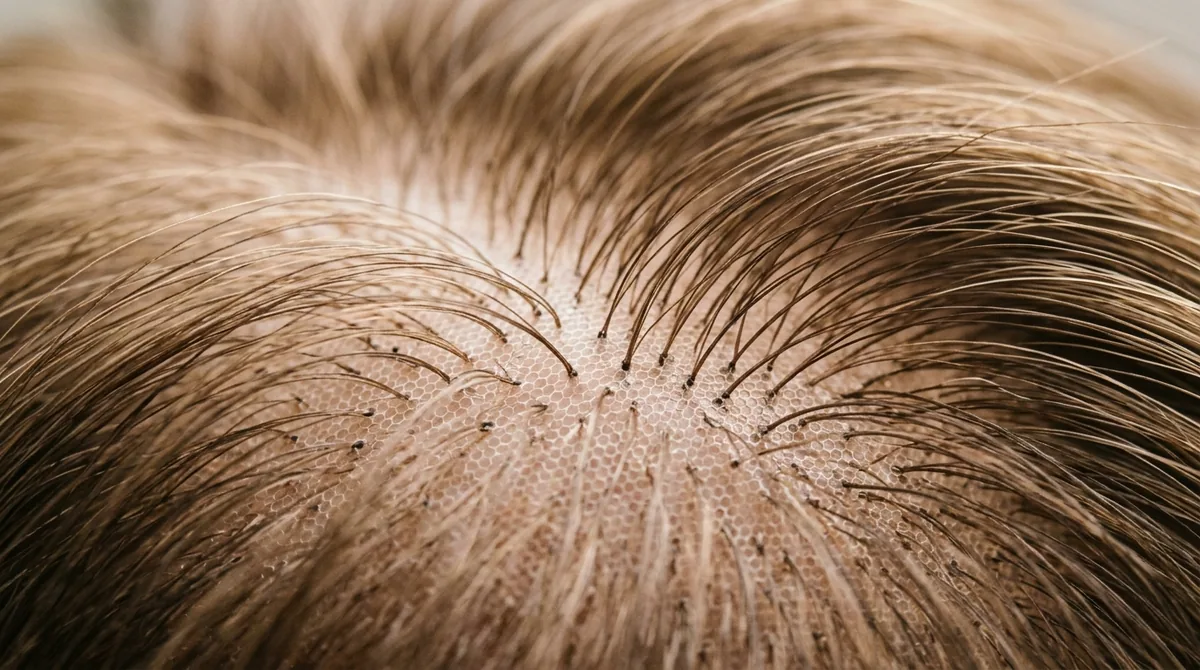 Macro of a monofilament base parted to reveal the mesh beneath