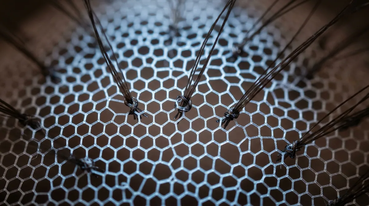 Backlit macro of fine Swiss lace mesh with hand-knotted hair