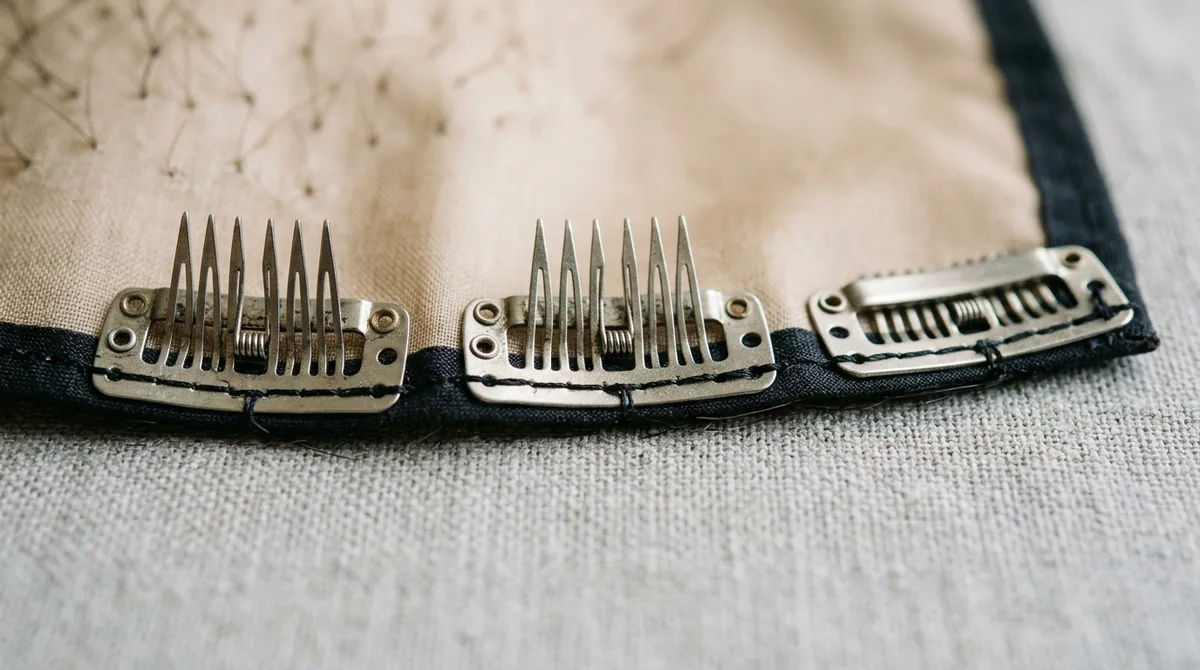 Macro of pressure-sensitive topper clips sewn onto a silk-top base edge