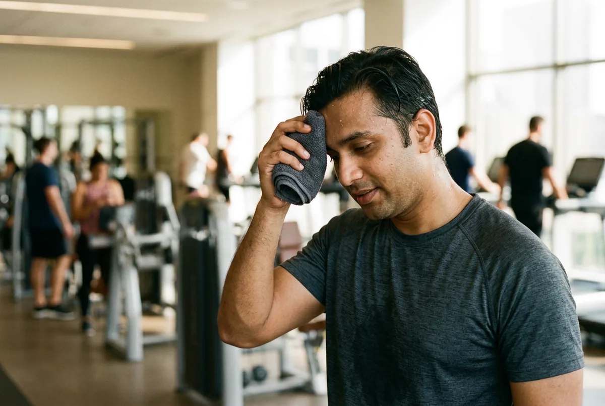 A man towelling sweat after a workout, hairline intact