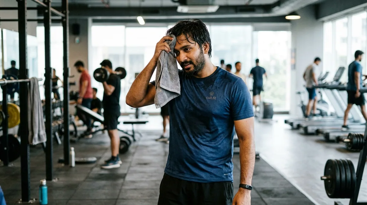 A man towelling sweat from his forehead after a gym workout, hairline neat