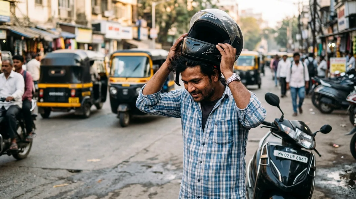 A man removing a motorcycle helmet beside a scooter on a busy city street