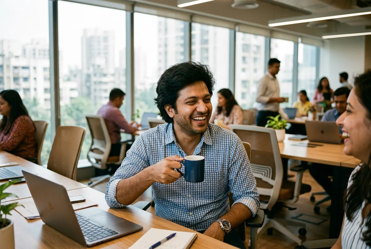 A man with a full head of hair mid-conversation in an office