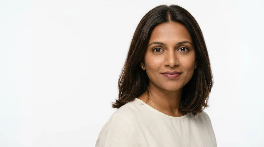 Portrait of a woman in her thirties with a full centre parting