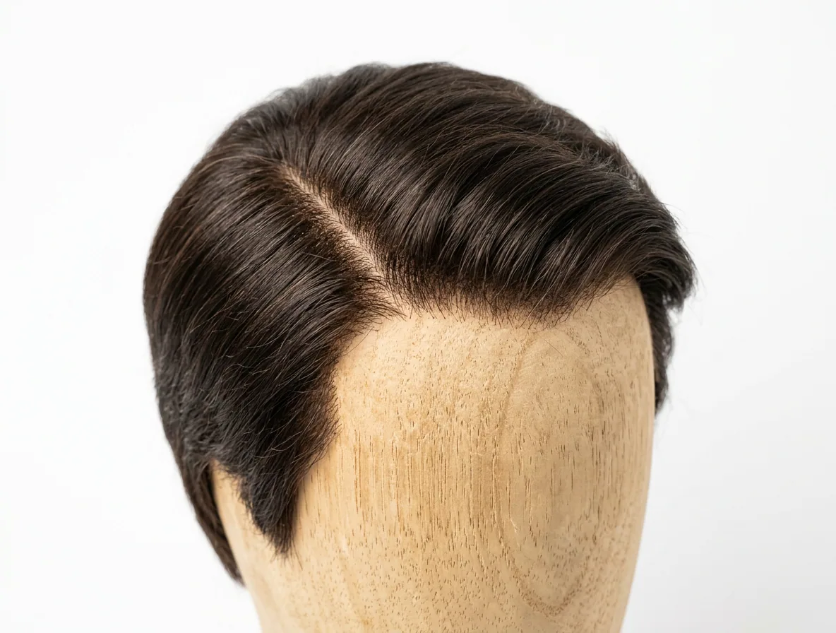 A custom men's toupee styled on a display block
