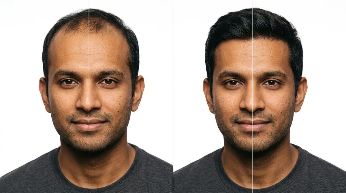 The same man shown with early temple recession on one side, a full low-density hairline on the other