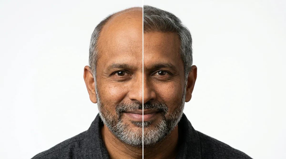 The same man shown with advanced Norwood 4 loss on one side, a full salt-and-pepper head of hair on the other